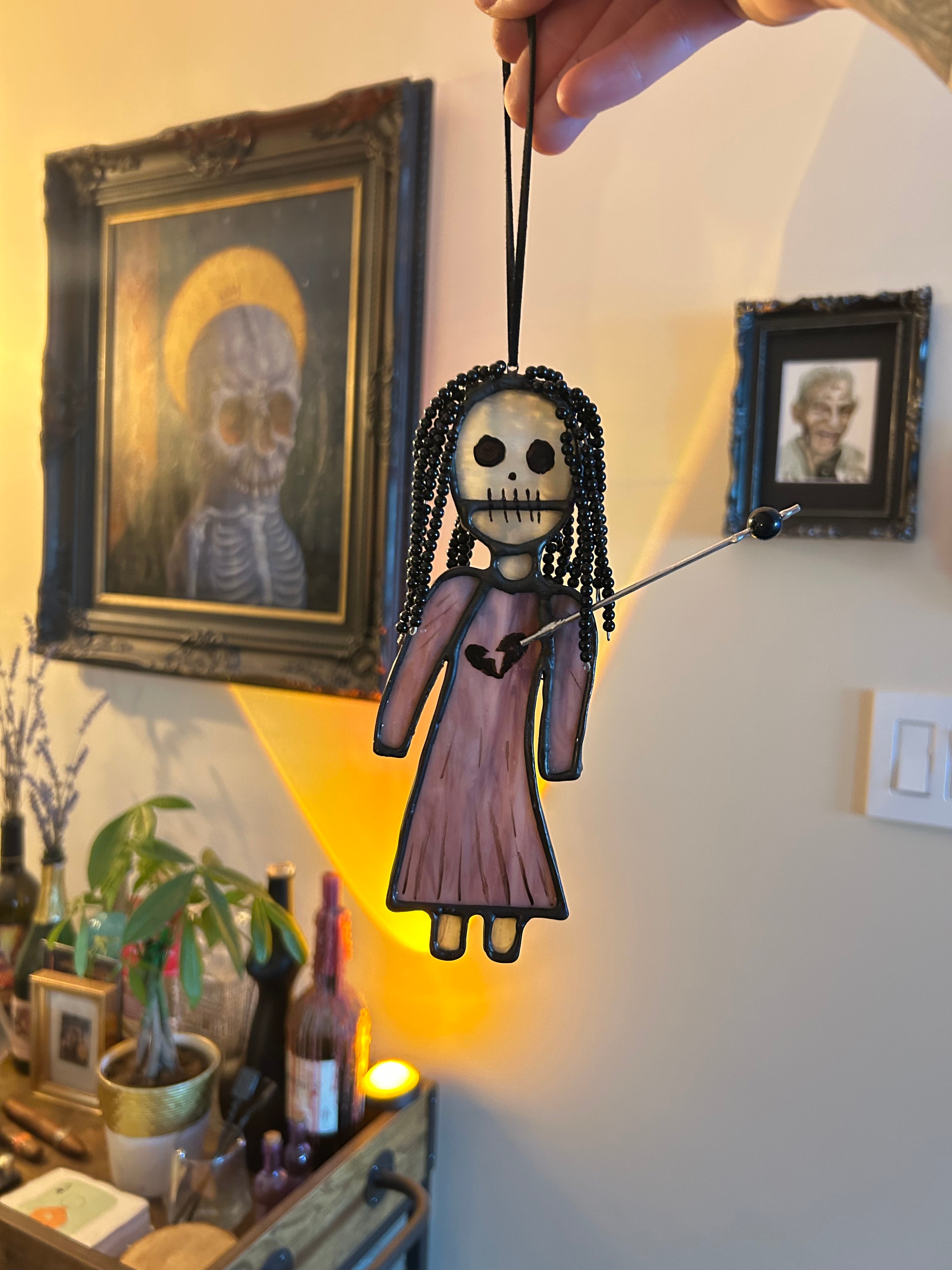 Stained Glass Voodoo Doll with hand beaded hair