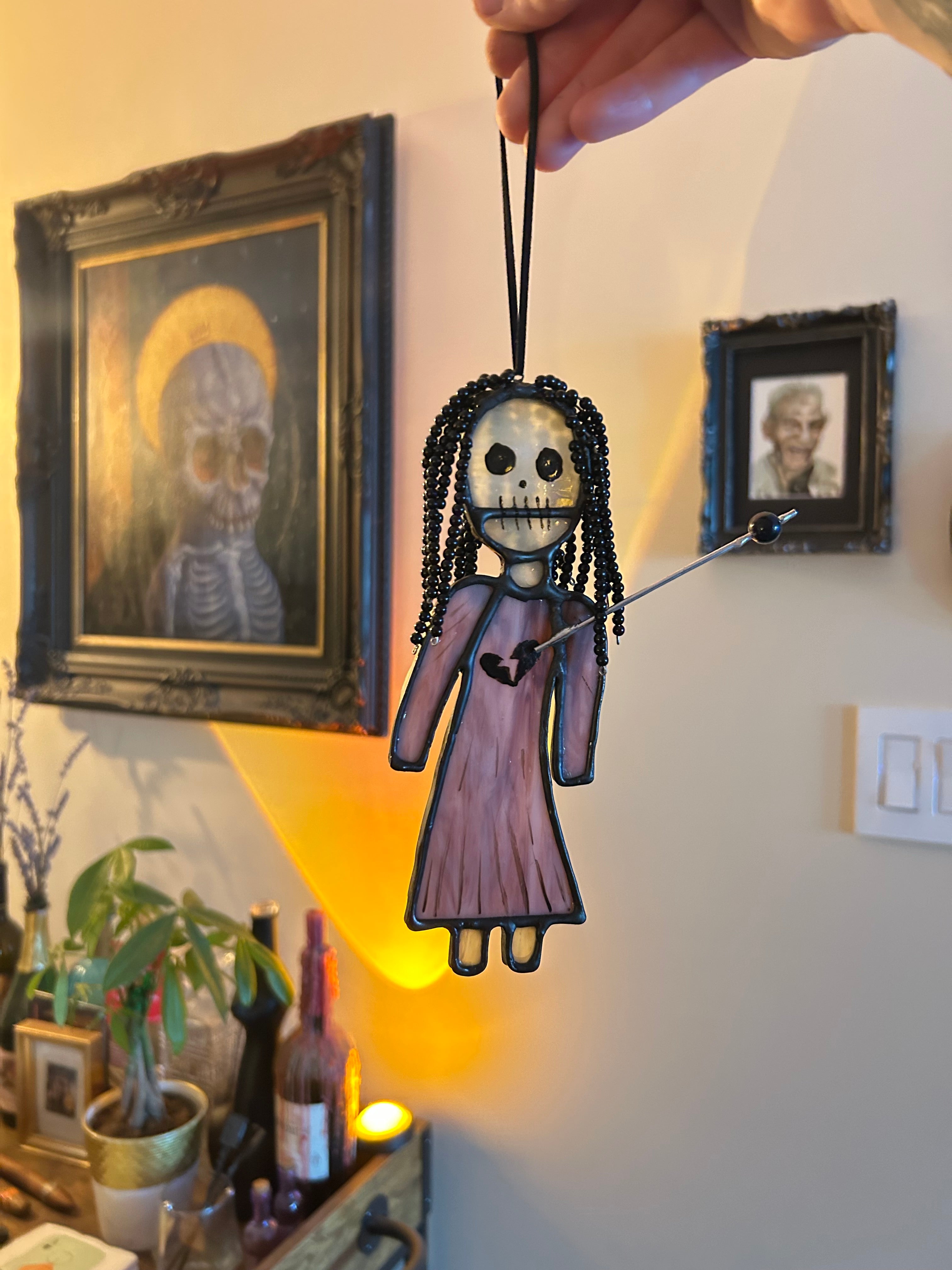 Stained Glass Voodoo Doll with hand beaded hair